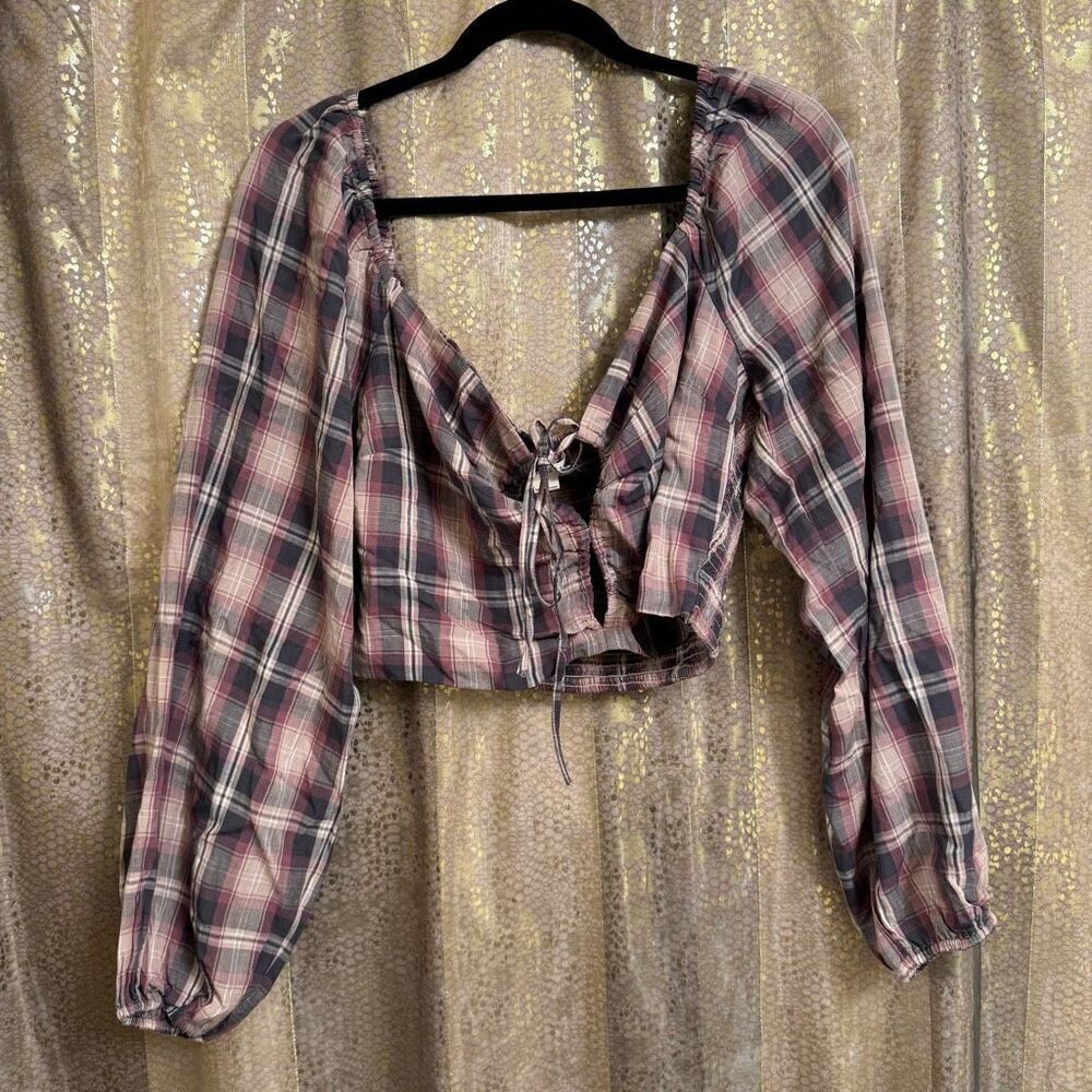 Aeropostale Maroon Tan Long Sleeve Plaid Double-Keyhole Crop Top L NWT